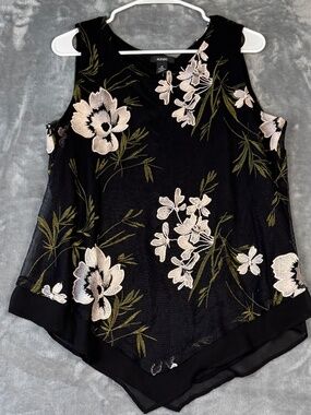 Alfani Embroidered Floral Sheer Overlay Tank Top Black Sleeveless Dressy Size M
